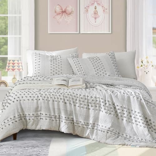Geniospin Twin Comforter Set for Girls- 5 Pieces Pom Tufted Bed in A Bag Twin Bedding Sets with Sheets, Pillowcases & Shams, All Season Kids Comforter Set