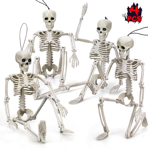 TOY Life 4 Pcs Halloween Skeleton 16" Posable Skeleton Decor, Full Body Posable Joints Outdoor Skeletons, Halloween Skeletons Decorations Outdoor Indoor, Plastic Hanging Skeleton Decorations