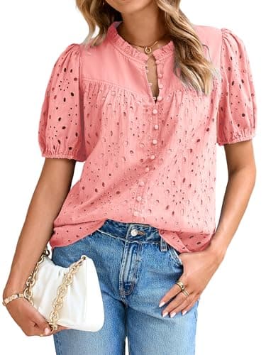 Glamaker Womens Summer Tops Blouse 2026 Lantern Sleeve Hollow Out Tops Boho Vacation Shirts Button Down Embroidered Blouses (Pink S)