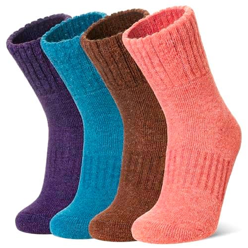 WEVIAS Kids Merino Wool Socks Hiking Ski Boot Winter Thermal Warm Toddler Boys Girls Cozy Socks 4 Pairs (Pink/Brown/Blue/Purple, 13-15 Years)