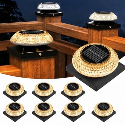 Hiromeco Solar Post Cap Lights 8 Pack: Fence Post Solar Lights with 3 Lighting Modes & Round Lampshade for 3.5x3.5,4x4,Wood & Vinyl Posts - Waterproof Outdoor Deck Post Light for Garden/Patio