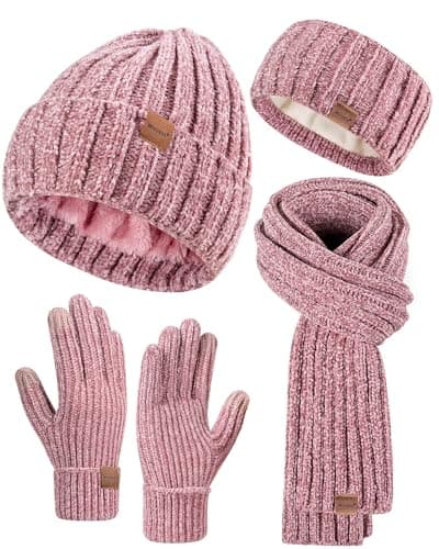 Women Beanie Scarf Gloves Headband Set for Winter, Chenille Beanie Hats Ear Warmer with Fleece Lined Knit Scarf Touchscreen Gloves, 4 in 1 Warm Xmas Gift Set Stocking Stuffers for Women-Pink