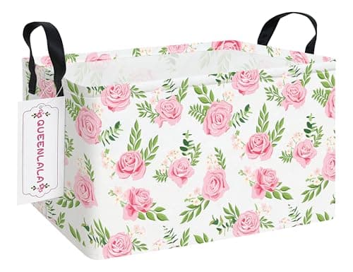 Rectangular Collapsible Laundry Basket with Side Handles, Pink Roses