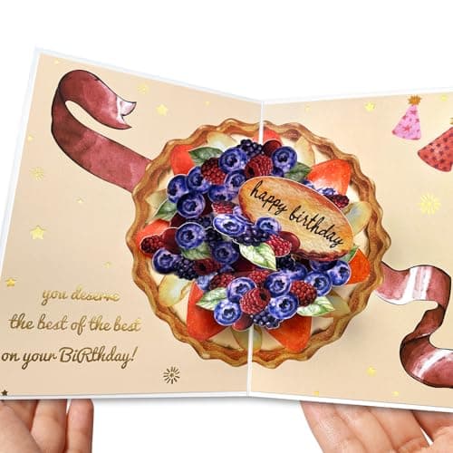 Coralogo Fruit Tart Pop up Birthday Card for Her - You Deserve the Best - 3D Dessert Design Strawberry Birthday Card with Sweet Wishes for Best Friend, Women, Sister, Bestie, Daughter, Girl, Coworker