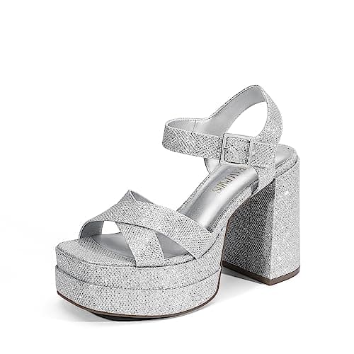 DREAM PAIRS Women's Platform Chunky Heels Square Open Toe Ankle Strap High Heeled Sandals Y2K Shoes for Party Brunch,Size 7.5,Silver-Glitter,SDHS2330W
