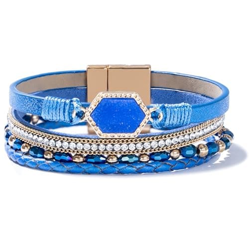FANCY SHINY Crystal Beaded Leather Wrap Bracelet Stackable Boho Jewelry for Women Trendy Braided Resin Stone Bangle Cuff with Magnetic Clasp(Blue)