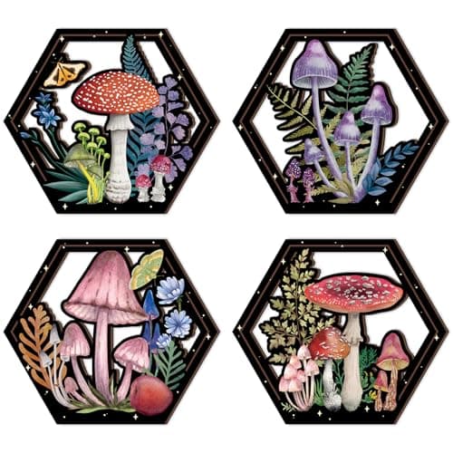 CHDITB 4Pcs Wooden Cottage Core Mushroom Wall Art 10x10 Inch