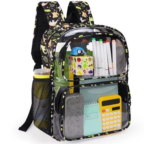 GiMiUiTo Clear Backpack,16'' Clear Backpack for Boys Heavy Duty School Backpacks See Through Bookbag for Kids 4 to 8,Black Dinosaur