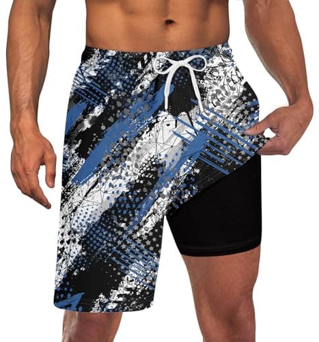 Goodstoworld Men's Swim Suits with Compression Liner Male Swimsuit Trunks 9 Inch Long Graffiti Board Shorts Stretch Black and White Shorts Bathing Suit Party Wear for Beach Surfing Swimming