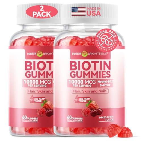 Inner Brightness Biotin Gummies 10,000 mcg – Hair, Skin and Nails Support for Women & Men – with Vitamins C, D3, B6, B12 & Folate – Mixed Berry Flavor, Sugar Free, 120 Count (2 Pack)