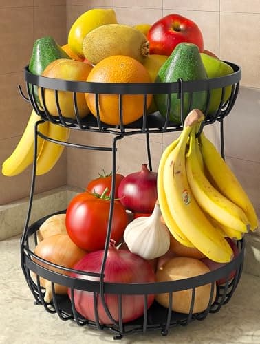 Sevenblue 2 Tier Large Fruit Bowl for Kitchen Counter with 2 Banana Hangers