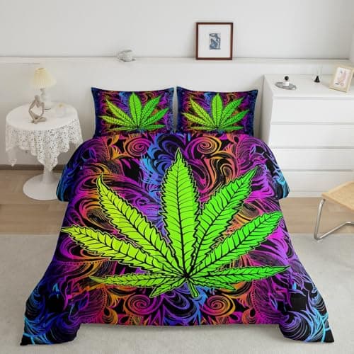 Erosebridal Boho Leaves Down Comforter, Teens Bohemia Leaf Comforter Set Full Size, Botanical Bedding Set for Kids Girls Women, Bohemian Quilted Duvet for Bedroom, Purple Green