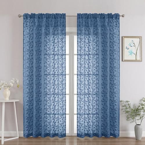 Chyhomenyc Dusty Blue Sheer Curtains 84 Inch Length 2 Panels Set, Light Filtering Tufted Textured Soft Airy Rod Pocket Gentle Leaf Window Treatment Drapes for Bedroom Living Room, 52" Wx84 L, 2PCS