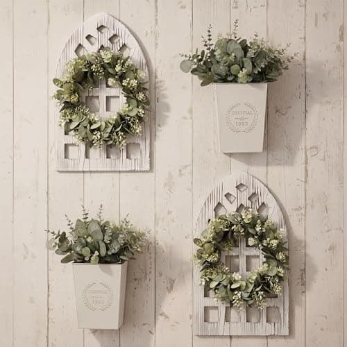 Acellegic 4 Sets 67 Pcs Rustic Farmhouse Wall Decor Set 15.7X 11'' Window Frame Wall Decor with Eucalyptus Wreath and Metal Walls Planters Vintage Walls Art for Living Room Entryway(Arched Cathedral)
