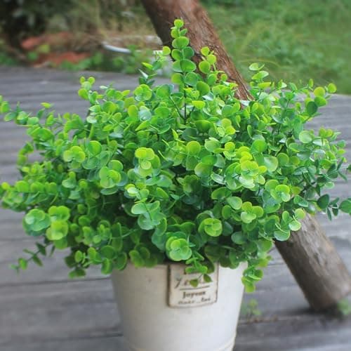 HIFORESTAR 8 Bundles Artificial Flowers Plants for Outdoor Planters | 18.9 in Large Fake Flowers | Spring Summer Look Real Plasic Faux Plant for Front Porch Pathway Garden Patio (Eucalyptus)