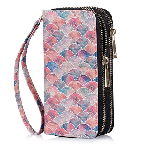 HAWEE Cellphone Wallet for Women Dual Zipper Long Purse with Removable Wristlet, Mermaid Pink
