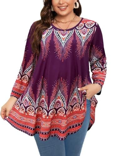 splensive Plus Size Tops Womens Swing Tunic 3/4 Sleeve Blouses Boho XL
