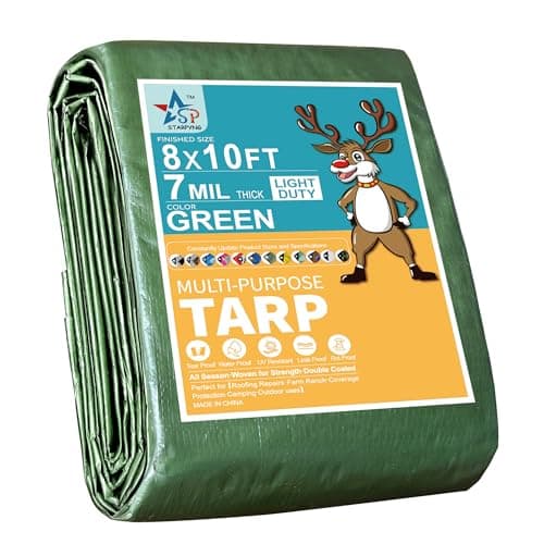 STARPYNG-7 Mil Green 8x10 Feet Tarp-Multifunctional Waterproof Tarpaulin-Waterproof, UV Resistant, Rip and Tear Resistant, Poly Tarpaulin with Reinforced Edges for Cover