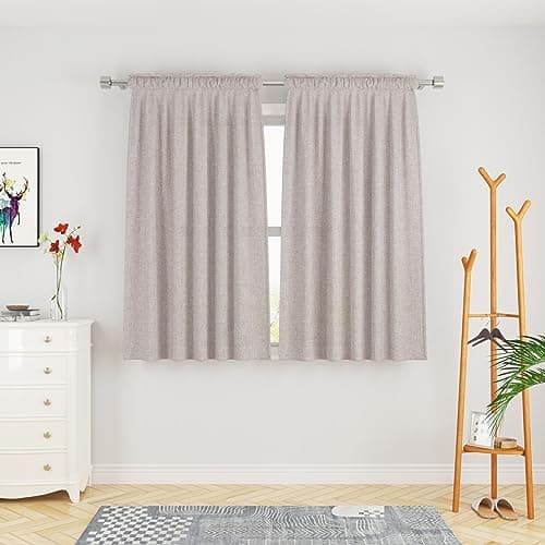 UPOPO Beige Curtains Linen Textured Kitchen Window 63 inches Long Privacy Semi Sheer Living Room Bedroom Curtains Basement Window Treatment Curtain 2 Panels Drapes Rod Pocket