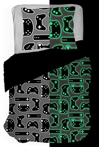 Jay Franco Trend Collector Game On Glow in The Dark Twin Comforter & Sham Set - Super Soft Kids Bedding Features Video Game Contollers - Fade Resistant Microfiber