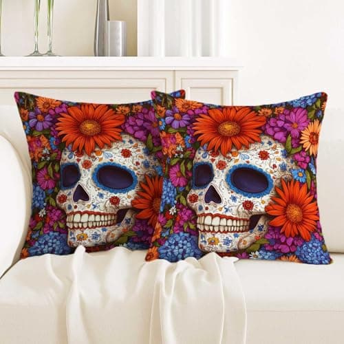 ZwenPdoe Sugar Skull Throw Pillow Covers 18x18 Set of 2 | Floral Skeleton Decorative Cushion Covers with Hidden Zipper | Colorful Gothic Boho Couch Pillowcases for Sofa Bedroom Home Decor