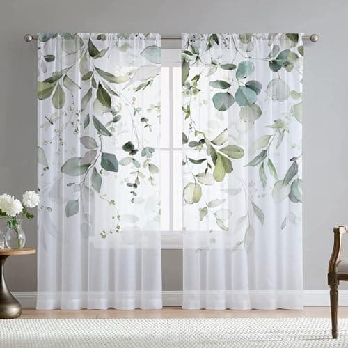 Fereyis Green Eucalyptus Leaves Curtains for Living Room 96 inch Length 2 Panels Set Elegant Dragonfly Floral Spring Printed Window Curtain Natural Sheer Chiffon Drapes for Bedroom