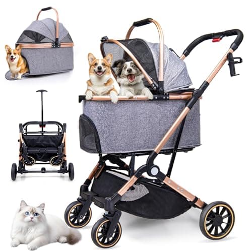 LENSEMUS Dog Stroller for Dogs - 3 in 1 Pet Stroller with Detachable Storage Basket 4 All-Terrain Rubber Wheels Pull Rod Durable Travel Carrier for Max 33 lbs Medium Dogs 2 Small Cats (Grey)
