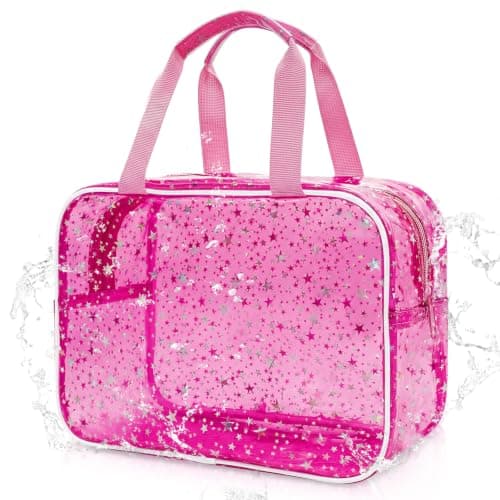 Clear Red Star Makeup Bag,TSA Approved 12x5x8 Inch Large PVC Travel Cosmetic Bag with Handle,Waterproof Transparent Toiletry Wash Bag for Travel Gym Beach Skincare Storage, Women Gift Organizer