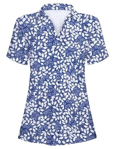Cucuchy Style Golf Shirts for Women, Polo Gym Tshirts Ladies Short Sleeve V Neck Shirt Casual Moisture Wicking Soft Lightweight Comfortable Feminine Performance Tops Blue Leaf M