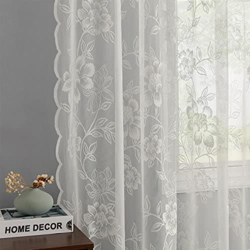 FINECITY Ivory Floral Lace Curtains for Bedroom 52 x 63 Inch, 2 Panels