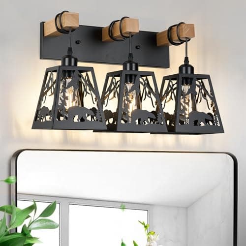 Monyohame Rustic Bathroom Light Fixtures, 3-Light Farmhouse Vanity Lamp with Bear Design and Wooden Frame, Wall Lighting for Bathroom, Hallway, Kitchen, Porch