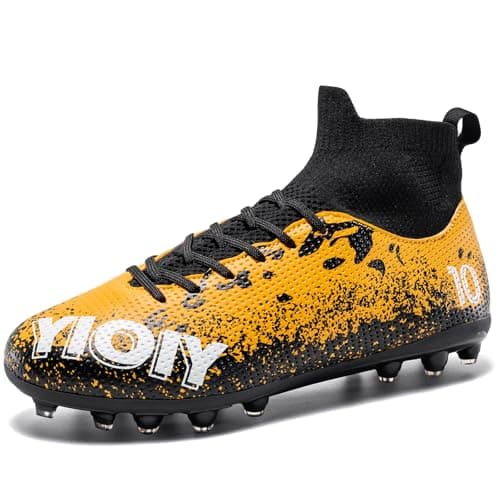 TUGONVAC Youth Soccer Cleats Mens High-top Football Cleats Lightweight Womens Training Soccer Shoes Tacos de Futbol para Hombre, Yellow, 6.5 Men
