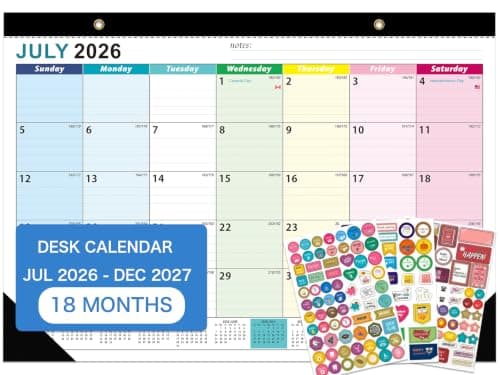Desk Calendar 2026-2027 - 18 Month Desk Calendar july 2026-2027 Dec, 17" x 12", Large Desk Calendar with Thick Paper, Plastic Cover, Stickers, Home or Office Calendar for Easy Organizing