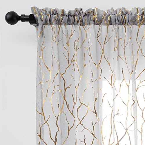 FINECITY Gold Grey Sheer Curtains 63 Inches Length 2 Panels Metallic Gold Foil Tree Branches Pattern Sheer Curtains for Bedroom Rod Pocket Privacy Sheer Window Curtains, 52 x 63 Inch