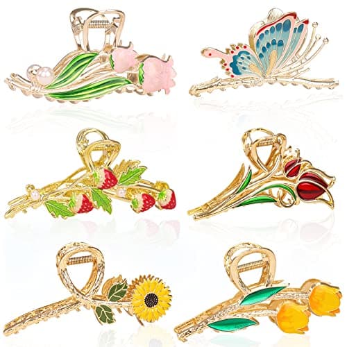 6 Pcs Metal Flower Tulip Clips with Strong Hold for Long, Thick & Curly Hair - Cute Strawberry, Butterfly Jaw Hair Clamps for Fashion & Big Hair Styles - For Women and Girls