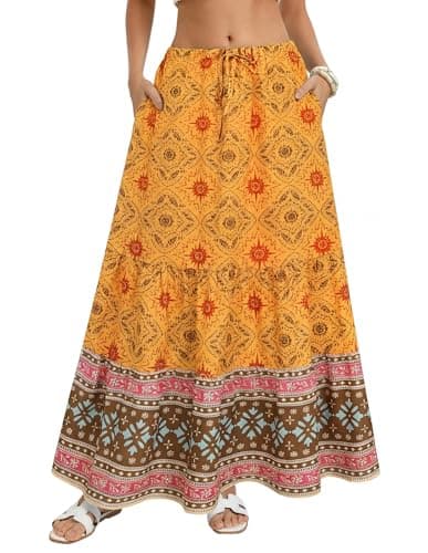 Kate Kasin Womens Yellow Maxi Long Skirt, Summer Flowy Boho Floral Skirts, Beach Vacation Fashion Outfit 2026 XL