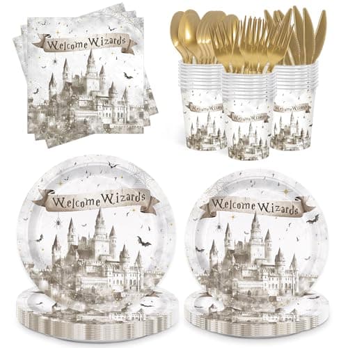 168pcs Magical Theme Birthday Party Decorations with Paper Plates Napkins Cups, Disposable Theme Parth Tableware Decorations Set for Kids Serve 24 Guests