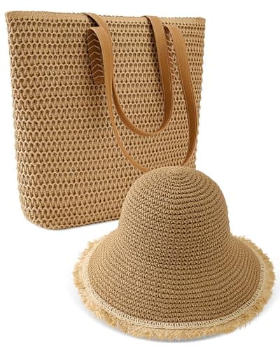 Beach Bags for Women & Sun Hat Set, Handmade Crochet Tote Bag for Summer Vacation, Beach Hat UPF50+ Protection, Perfect for Summer Travel & Beach Days Green