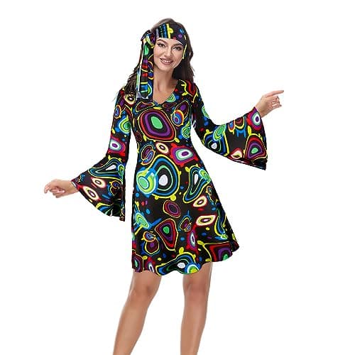 Parlsdy 60s 70s Outfits for Women Hippie Dress Disco Costume Gogo Dress Black-M