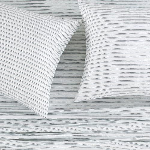 DAUAOTO Twin Size 100% Cotton Sheets Set, Printed Bedding, Up to 14" Deep Mattress, Hand Painted Striped Pattern Bedlinen, Blue Stripe
