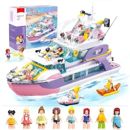 Pink Yacht Building Set for Girls 8-12, Cruise Ship Building Toys with 8 Minifigures & 2 Boats, Compatible with Lego Friends Sets for Girls 8-12, 1108 PCS