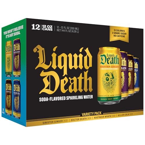 Liquid Death Soda-Flavored Sparkling Water - Classic Variety 2, Less Sugar*, Huge Flavor, No Artificial Sweeteners, 4 Flavors: Sinister Ginger, Doctor Death, Cola, Root Beer, 12 Fl Oz (Pack of 12)