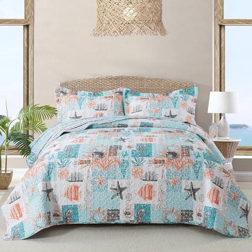 NEWLAKE Quilt Bedspread Sets - West Coastal Pattern Reversible Coverlet Set, Queen Size