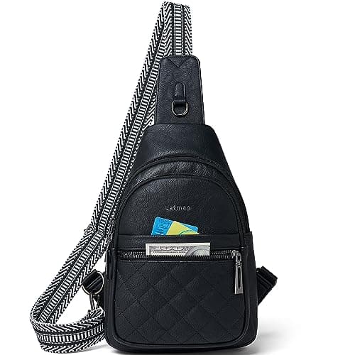 LATMAP Sling Bag For Women Fanny Pack Faux Leather Small Casual Day-pack Backpack Crossbody Chest Bags Purse Waterproof Anti Theft, Black
