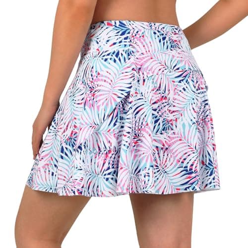 ANIVIVO Women's 17" Tennis Skirts Layered Athletic Golf Skorts Skirts for Women with Pockets High Waisted Workout Skirt(Pink Leaf,2XL)