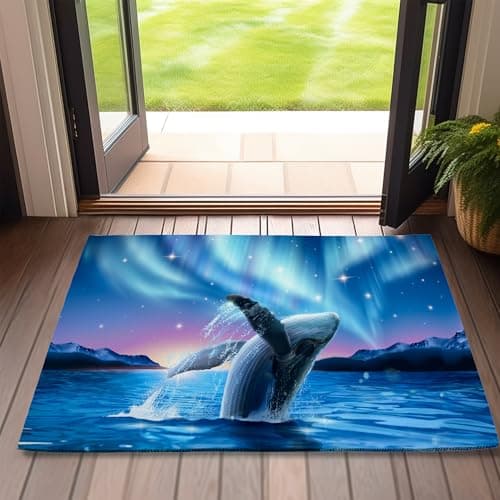 Doormat Blue Whale Door Mat,Ocean Aurora Starry Indoor Front Doormats for Home Entrance,Non-Slip Floor Mats for Porch Entryway Outdoor,Easy Clean,17x 30 inch