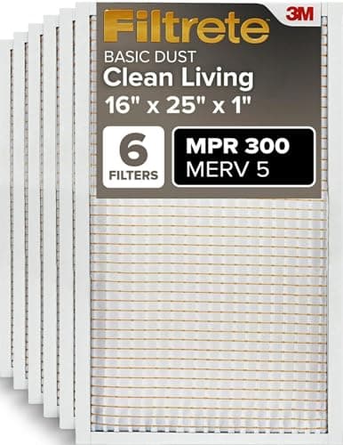 Filtrete 16x25x1 Air Filter MERV 5, 6-Pack AC Furnace HVAC, MPR 300 Basic Dust Defense, Pleated Electrostatic, Removes Lint