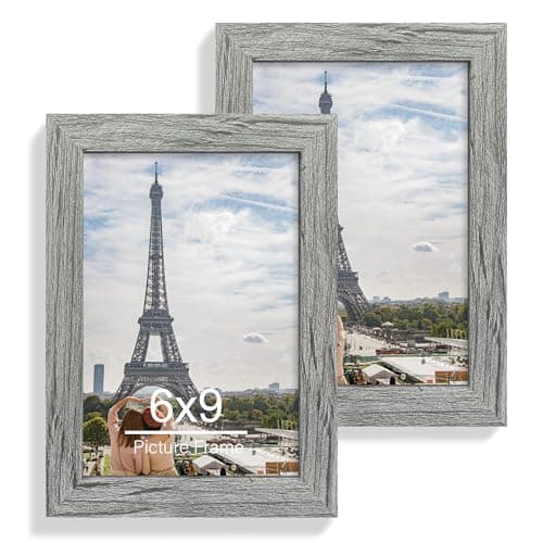Hongkee 6x9 Picture Frame Set of 2, Made of Real Glass and Rustic Grey Wooden Frame - 6 by 9 Photo for Wall or Tabletop Display