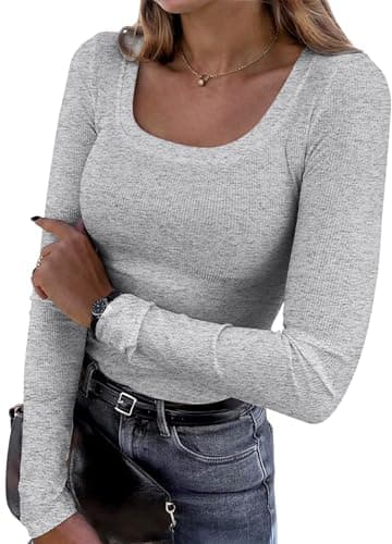 Bluetime Scoop Neck Long Sleeve Shirts for Women Fall Clothing Basic Tops Simple and Unique Style(Grey,S)