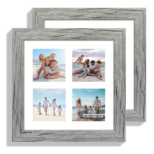 Hongkee 8x8 Picture Frame Set of 2, with Glass and Grey Wood Frames, Display Collage Four Opening 3x3 With Mat or 8 x 8 Without Mat for Wall Hanging or Tabletop